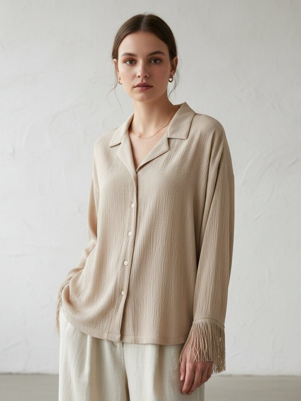 Nasty Gal 6 S Top Beige Cream Fringe Button Front V Neck Boho Party Whimsigoth